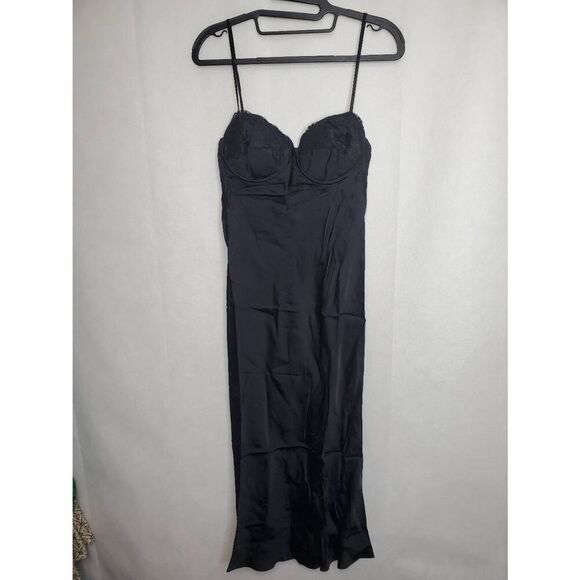 Rumored Negroni Lace Bust Satin Midi Bamboo Open Back Slip Dress Black Romantic - Picture 3 of 9